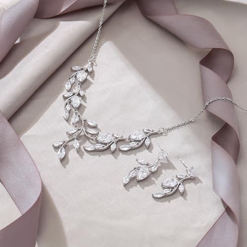 Cubic Zirconia Leaf Vine Wedding Jewelry Set for Bride Women Bridesmaid | Pear-Shaped Birthstone, Necklace Dangle Earrings for Bridesmaid, Silver-Plated-Brass - color: 2pcs_White Silver-Plated-Brass