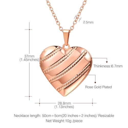 U7 Women Locket Necklace, Heart Photo Lockets Hold Picture, Gift Box Packed | Gold/Silver/Rose Locket Charm, Custom Picture and Engravement Heart Pendant, 20" Chain, Personalized Gift for Mom Wife Friend - color: 05# Rose Gold Stripe