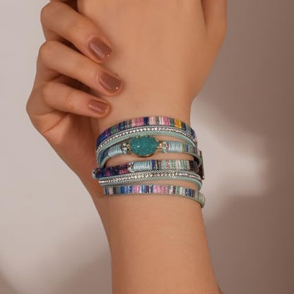 Boho Chunky Leather Wrap Bracelets Stackable Beaded Western Country Jewelry | Crystal Bead Trendy Layered Cuff Magnetic Clasp Stack Bohemian Statement Costume Outfits Cowgirl Fashion Hippie Accessories - color: Boho Blue, size: 14.7"