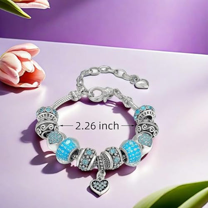 Pink Hearts Silver Plated Charm Bracelet, DIY Jewelry for Women with Beads, Charms, and Adjustable Snake Chain, Fits 7.5"+1.5" - color: Blue, size: 18cm