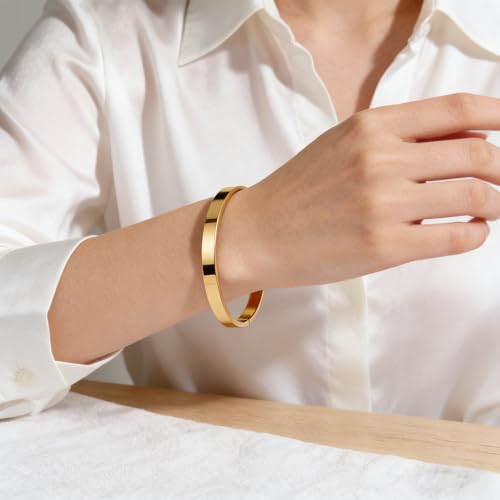 Waterproof Gold Bangle Bracelet sets for Women, 18K Gold PVD Plated Stainless Steel Stackable Bracelets Non Tarnish Oval Design, Minimalist Trendy Premium Jewelry - color: Gold