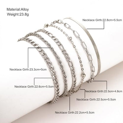 Adjustable Waterproof Layered Bracelets for Women Summer Beach Cuban Link Chain Anklets Set Herringbone Paperclip Beaded Snake Chain Stackable Anklet Stainless Steel Jewelry Bracelet - color: 6PCS-Silver