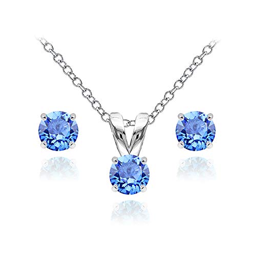 B. BRILLIANT Sterling Silver Small Dainty Crystal Solitaire Necklace & Stud Earrings Birthstone Jewelry Set for Women Bridesmaids - color: September - Blue