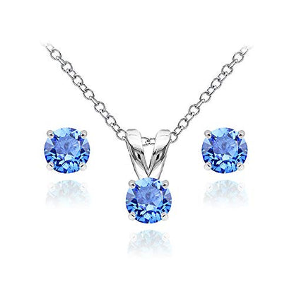 B. BRILLIANT Sterling Silver Small Dainty Crystal Solitaire Necklace & Stud Earrings Birthstone Jewelry Set for Women Bridesmaids - color: September - Blue