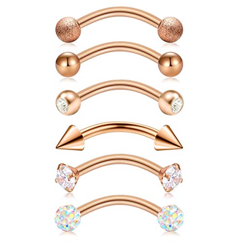 Briana Williams 6pcs Stainless Steel Rook Daith Earrings Belly Lip Ring Eyebrow Studs Cartilage Tragus Cubic Zirconia Barbell Body Piercing 8mm (5/16") - color: 1 -Rose Gold