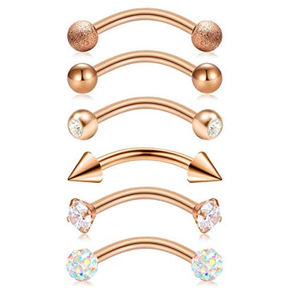 Briana Williams 6pcs Stainless Steel Rook Daith Earrings Belly Lip Ring Eyebrow Studs Cartilage Tragus Cubic Zirconia Barbell Body Piercing 8mm (5/16") - color: 1 -Rose Gold
