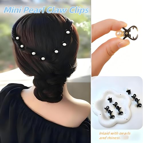 Mini Pearl Claw Clips for Women Girls, Black, 7 Pcs | Small Non Slip Jaw Clips, Strong Hold, For Thin Thick Curly Hair, Decorative Hair Barrettes