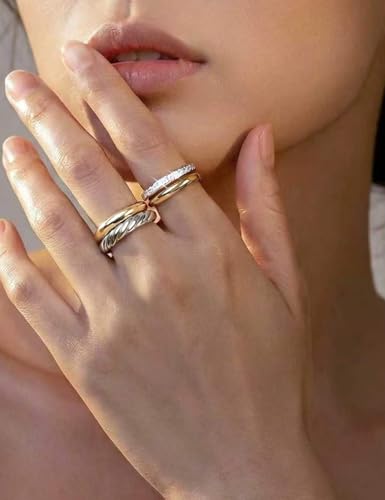 Stackable Rings for Women, Set of 4 Two Tone Gold and Silver Rings, Cubic Zirconia Stacking Ring Set, Fashion Statement Band Rings for Women, Sizes 6 7 8