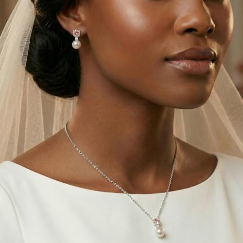 Mariell Pearl Wedding Necklace Earrings Set with CZ Crystal, Jewelry for Brides, Bridesmaid, Mother's Day - color: Silver-Champagne Cubic Zirconia