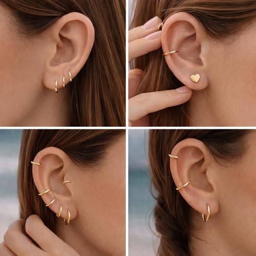 14K Gold Plated 925 Sterling Silver Tiny Hoop Earrings, Thin Small Huggie Hoops, Hypoallergenic Lightweight Cartilage Earrings for Women Men, Multiple Piercings (6mm, 8mm, 10mm, 11mm) - style: Gold-6mm-1Pair