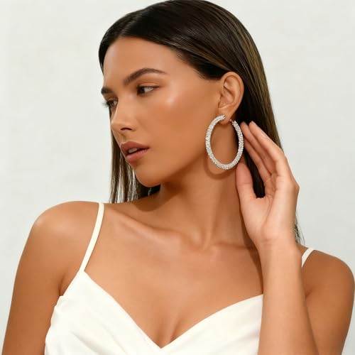 Large Silver Rhinestone Hoop Earrings Sparkly Big Hoop Earrings for Women Bling Chunky Silver Hoops 40/50/60/70mm Trendy Prom Wedding Christmas Jewelry - style: Diameter - 70mm