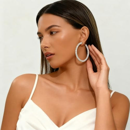 Large Silver Rhinestone Hoop Earrings Sparkly Big Hoop Earrings for Women Bling Chunky Silver Hoops 40/50/60/70mm Trendy Prom Wedding Christmas Jewelry - style: Diameter - 70mm