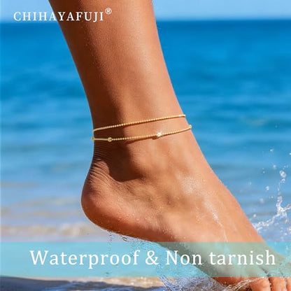 Sterling Silver Ankle Bracelets for Women 14k Gold Waterproof Layered Stackable Non Tarnish Dainty Heart Charm Large Adjustable Anklet for Summer Beach Jewelry Gift - color: GoldC