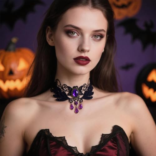 Goth Black Choker Necklace Crystal Bead Pendant Necklace for Women Gothic Velvet Lace Choker Halloween Vampire Witch Cosplay - color: A-Black and Purple