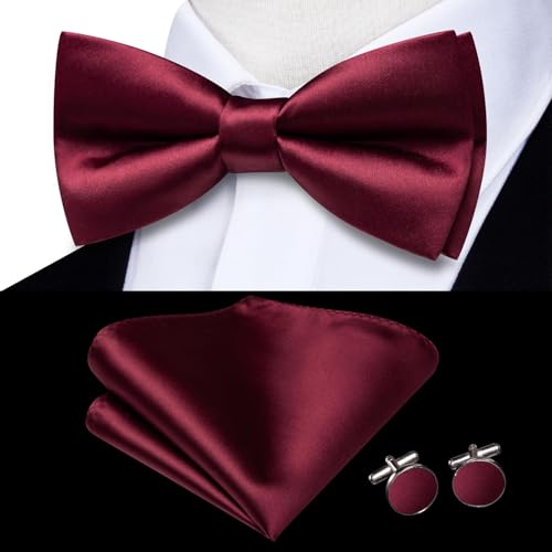 Hi-Tie 5Pcs Mens Solid Color Silk Tie Satin Pretied Bowtie Lapel Pin for Men Handkerchief Cufflink Wedding Gift Box - color: Burgundy
