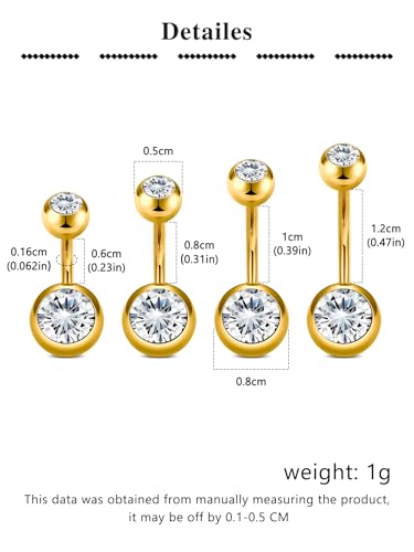 Longita Belly Button Rings Short Bar for Women Stainless Steel Belly Ring Navel Piercing Jewelry 14g Colorful Ball Pack 6mm 1/4” 8mm 5/16“ 10mm - color: 12-gold -6/8/10/12mm