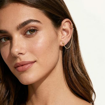 SLUYNZ 925 Sterling Silver Cuff Earrings Chain for Women Crawler Earrings Studs - color: B-18K Gold Plated