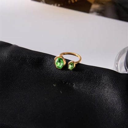 18k Gold Plated Green Crystal Geometry Ring for Women Stainless Steel Chunky Sparkly Cubic Zirconia Hexagon Stackable Statement Adjustable Open Finger Band Rings Comfort Fit Holiday Party Jewelry