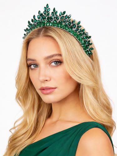 Bridal Rhinestone Headband Wedding Hair Accessories for Women, Pearl Crystal Headband Wedding Costume Headpieces for Brides Princess Quinceanera Christmas Party Prom Birthday(Green) - color: Green