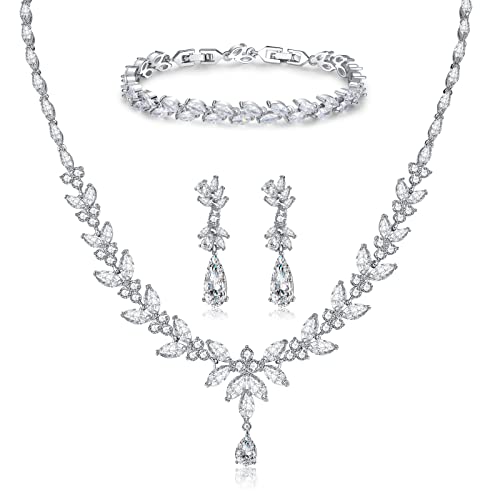 Jewelry Set for Women, Cubic Zirconia Necklace Dangle Earrings & Bracelet Jewelry Set for Bride Bridesmaid Wedding Engagement Prom Party - style: Silver-Necklace+Bracelet+Earrings