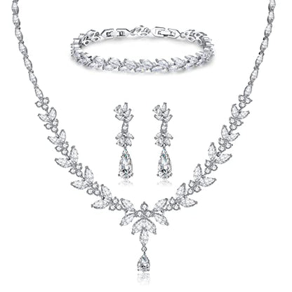 Jewelry Set for Women, Cubic Zirconia Necklace Dangle Earrings & Bracelet Jewelry Set for Bride Bridesmaid Wedding Engagement Prom Party - style: Silver-Necklace+Bracelet+Earrings