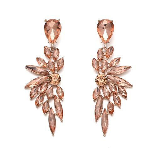 Women's Wedding Bridal Earrings Prom Dangle Earring | Shiny Crystal Teardrop Multi Marquise Cluster for Bride Bridesmaid Bling Jewelry Costume Party Accessories - color: 04-Peach Rose-Gold-Plated-Base