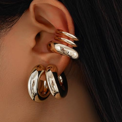Chunky Gold Huggie Earrings Sets for Women Vinatge Non Piercing Ear Cuff Statement Earrings Personalized Large Clip On Hoop Earrings Fashion Jewelry - color: Silver