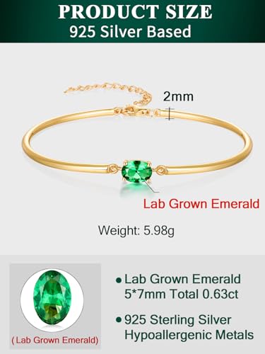 Moissanite/Sapphire/Ruby/Emerald Cuff Bracelet 1 Carat Oval Cut Center Stone Inlaid 925 Sterling Silver 14K Gold Plated Adjustable Birthstone Bangle for Women fit Wrist 5-7.5 Inch - color: Emerald Gold