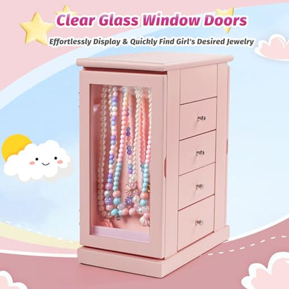Emfogo Jewelry Box for Girls, Musical Jewelry Box with Spinning Dancer Gifts for Little Girls Christmas New Year Birthday Children's Day, 5 Layer Large Wooden Kids Music Jewelry Organizer Box(Pink) - color: Pink