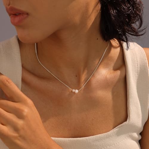 Pearl Necklaces for Women, Dainty Gold Necklace 14K Gold Plated Charm CZ Pearl Pendant Necklace Simple Gold Pearl Choker Necklaces for Women Trendy Wedding Womens Jewelry - color: two pearl necklace-gold