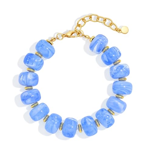 WOWORAMA Colorful Beaded Bracelets for Women Multicolor Acrylic Resin Beads Bracelet with Heart Charm Boho Statement Chunky Bracelet Summer Holiday Jewelry - color: Bead-Light Blue