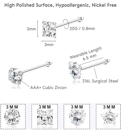SEEDRILL 8Pcs 20G Nose Rings studs for Woman Hypoallergenic Nose Studs 316L Surgical Steel with Gold Plated Nose Piercings Jewelry 3mm CZ L Shape Nose Rings 20 Gauge Nose Stud Nose Screw Studs - style: 8Pcs/20G/3mm CZ/Straight Bar/Silver