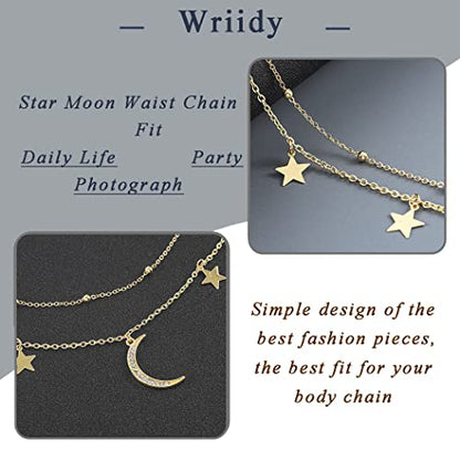 Waist Chain Silver Beads Belly Chain Gold silver Women Dainty Body Jewelry Accessories - color: gold star moon - 36 + 10 in