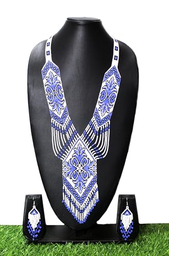 Long Beaded Necklace – Boho Native Handmade Seed Bead Tassel Necklace, Bohemian Large Statement Beaded Necklace for Women - color: White-Blue