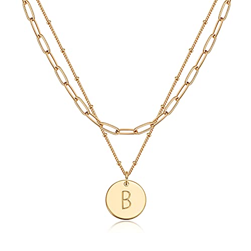 Valloey Rover Initial Necklaces for Women 14K Gold Plated Dainty Letter Necklce Round Coin Disc Pendant Double Side Engraved A-Z Necklace Personalized Jewelry Gift for Women - color: Layer-B