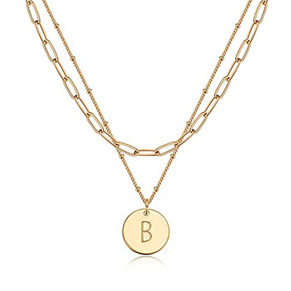 Valloey Rover Initial Necklaces for Women 14K Gold Plated Dainty Letter Necklce Round Coin Disc Pendant Double Side Engraved A-Z Necklace Personalized Jewelry Gift for Women - color: Layer-B