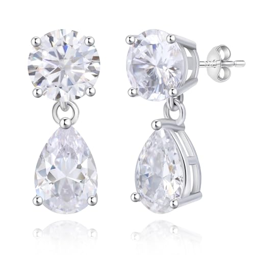 Cubic Zirconia Stud Earrings for Women,18K White Gold Plated,Women's 925 Sterling Silver Simulated CZ Earrings with Pear/Round/Princess/Oval Cut. - style: Pear-Round