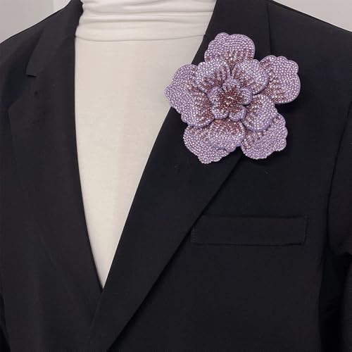 Rhinestone Flower Brooch Pin for Women Men Elegant Sparkly Crystal Camellia Floral Lapel Pins Shawl Dress Suit Clothes Accessories Wedding Party Fashion Jewelry 105mm - color: Light Purple