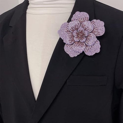 Rhinestone Flower Brooch Pin for Women Men Elegant Sparkly Crystal Camellia Floral Lapel Pins Shawl Dress Suit Clothes Accessories Wedding Party Fashion Jewelry 105mm - color: Light Purple