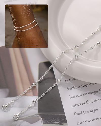 Gold Silver Ankle Bracelets for Women Waterproof 14K Gold Plated Anklets for Women Non Tarnish Dainty Layered Beaded Heart Anklet Set Summer Beach Foot Chain Jewelry Gifts Trendy Stuff - color: D- Ankle Bracelets- Silver