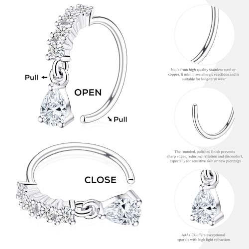 BSJ4U Hoop Nose Rings for Women Nose Piercings 20G Stainless Steel Nose Rings Hoops Heart Butterfly Flower Bow Teardrop Double Nose Hoops Gold Plated Silver Pink Clear CZ Nose Piercing Jewelry - color: Silver Clear Nose Rings