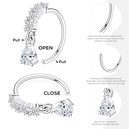 BSJ4U Hoop Nose Rings for Women Nose Piercings 20G Stainless Steel Nose Rings Hoops Heart Butterfly Flower Bow Teardrop Double Nose Hoops Gold Plated Silver Pink Clear CZ Nose Piercing Jewelry - color: Silver Clear Nose Rings