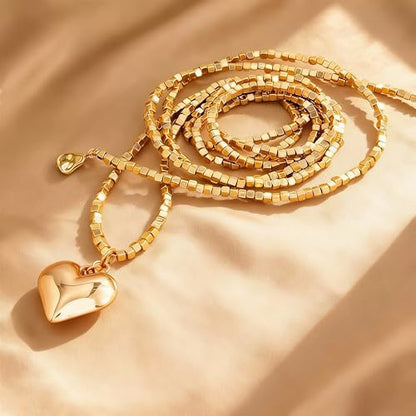 Chunky Puffy Heart Layered Gold Choker & Green Beaded Lariat Necklace with Baroque Pearl Drops, Adjustable Wrap Y Style Bohemian Jewelry Fashion Accessory for Women Gifts - color: gold
