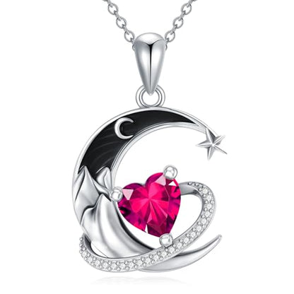 I Love You to the Moon and Back Necklace 925 Sterling Silver Black Crescent Moon Star Pendant with Heart Birthstone Necklace Anniversary Gothic Jewelry Gifts for Women Wife Lovers - color: 07-Jul-Ruby