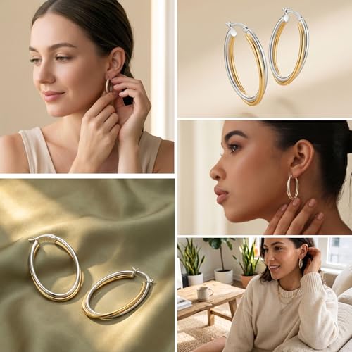 LeCalla 925 Sterling Silver Chunky Hoop Earrings | 14K Two-Tone Three-Tone Hoop Earrings | Intertwining Oval Shape Polished Twisted Hoop Earrings for Women - color: "Large" Two-Tone 40mm