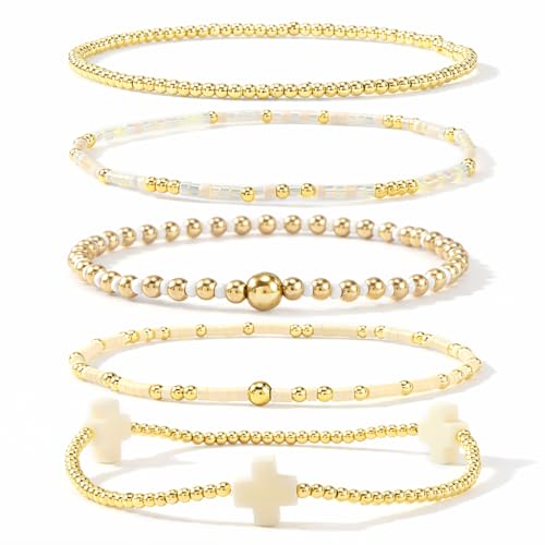 Gold Bracelets for Women, Beaded Cross Stack, Non Tarnish Set，Set-1 | Gold Beaded Bracelet Stack with Stretch Fit, Waterproof Finish and Dainty Design for Everyday Wear and Gifts - color: Colors-7