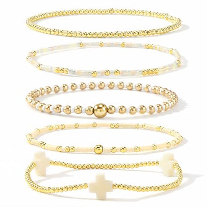 Gold Bracelets for Women, Beaded Cross Stack, Non Tarnish Set，Set-1 | Gold Beaded Bracelet Stack with Stretch Fit, Waterproof Finish and Dainty Design for Everyday Wear and Gifts - color: Colors-7