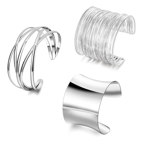 3Pcs Chunky Gold Cuff Bracelets Open Wide Bangle Bracelets Set for Women Minimalist Irregular Bracelet Statement Wrist Cuff Wrap Bracelet Jewelry - style: styleB silver