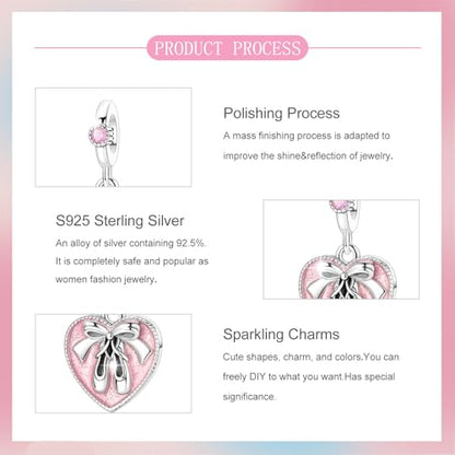 S925 Sterling Silver Cute Bead Charm for Pandora Bracelets and Necklaces | Lucky Clover Cute Animal Pink Bow Cherry Butterfly Pendant Bead Charms Jewelry Making Gifts for Women Valentines Mother's Day - style: Ballet Shoes Heart Dangle Charm