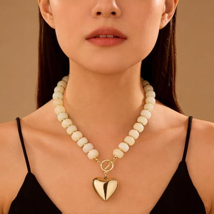 Chunky Heart Necklaces for Women Colorful Resin Beaded Necklaces for Women Gold Puffy Heart Statement Necklace Trendy Acrylic Choker Jewelry Gift - color: White